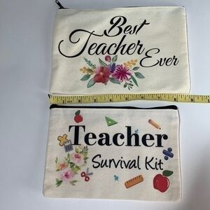 “Best Teacher Ever,” and “Teacher Survival Kit” canvas pouches. NWOT